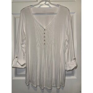 Kim Rogers White Blouse Top 3/4 Sleeve Button Up Tunic Petite Size‎ PL